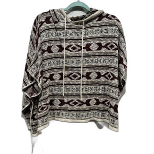 Poncho Sweater Aztec Knit Hoodie Lightweight Cream Pullover Red Women sz Small